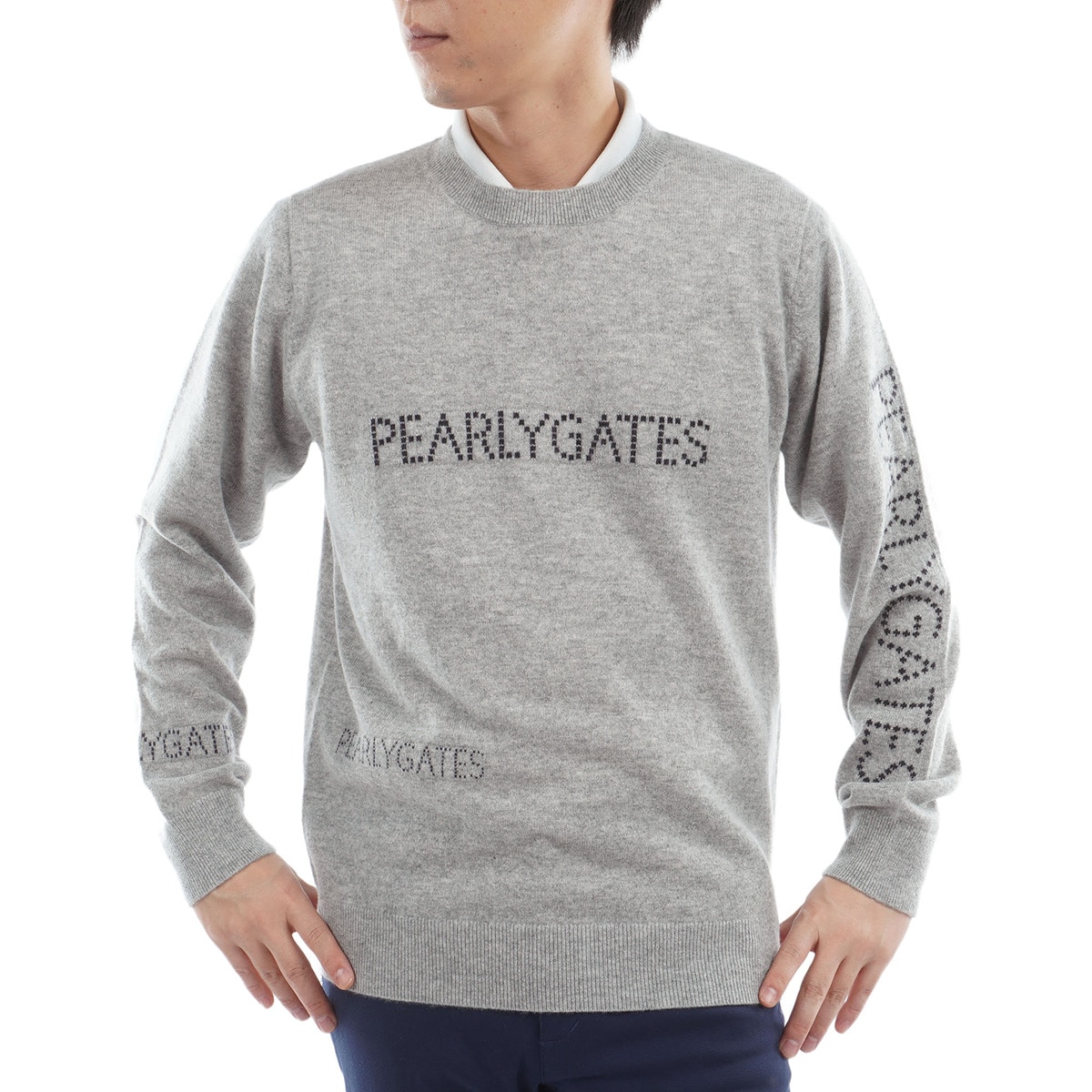 部分ジャカード カシミヤ丸首セーター(中間着(セーター、トレーナー