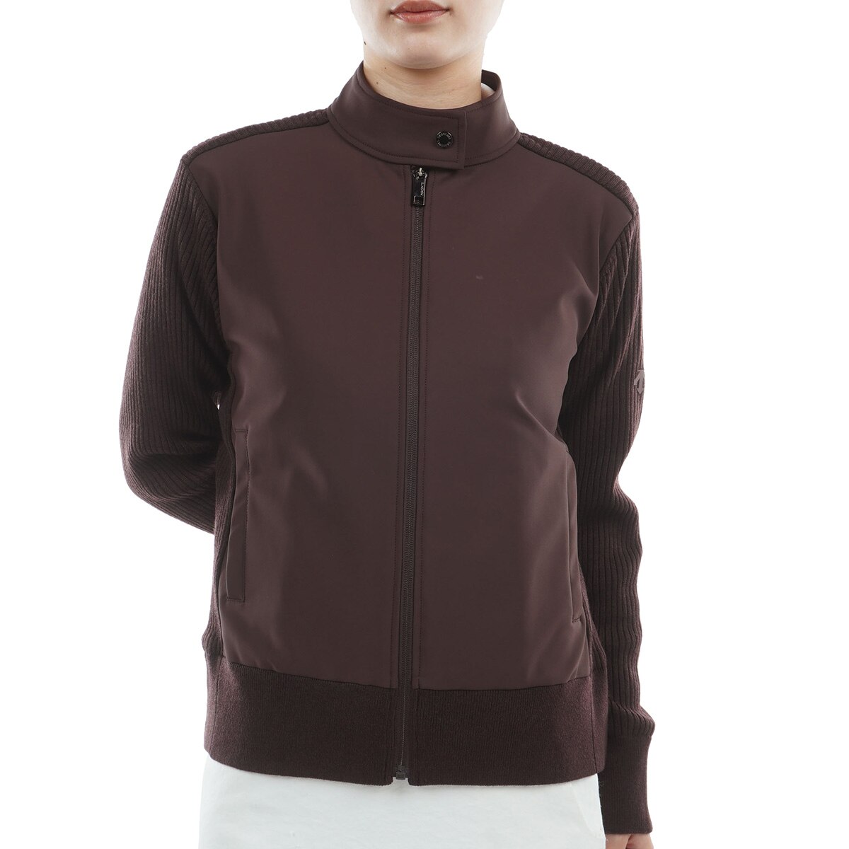 ストレッチ 裏起毛 防風ニットハイブリッド フルジップスタンドカラー