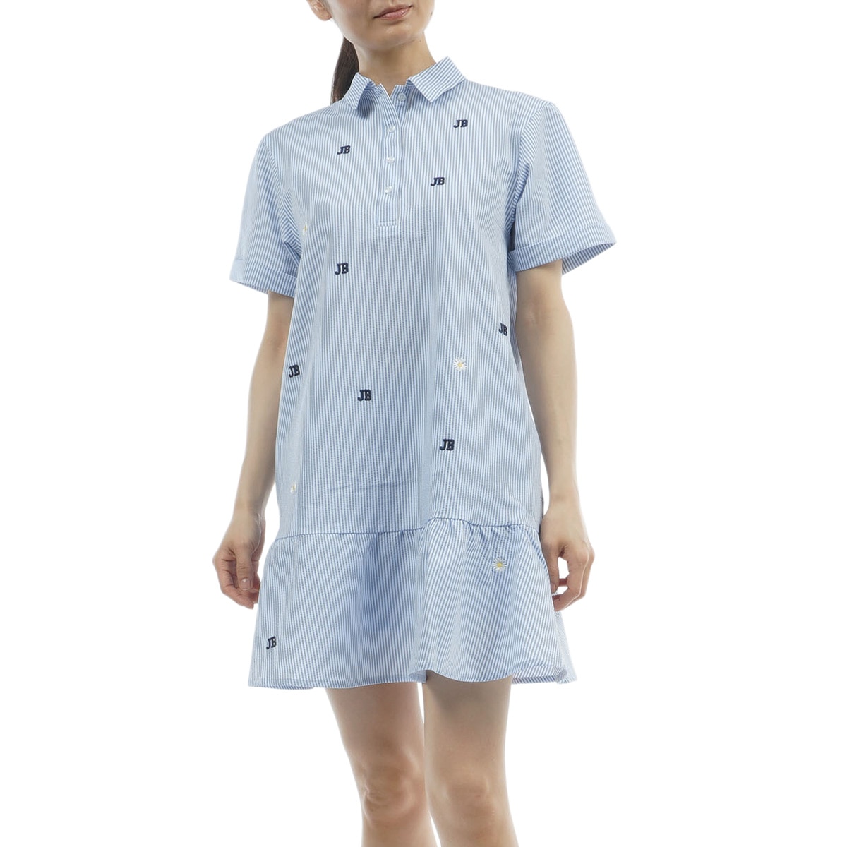 吸水速乾 ストライプ ストレッチボタンダウン半袖ポロシャツワンピース