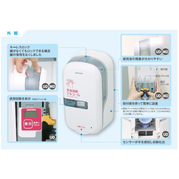 サラヤ｜ノータッチ式ディスペンサー UD-9600RA(トレー付) 手指消毒用