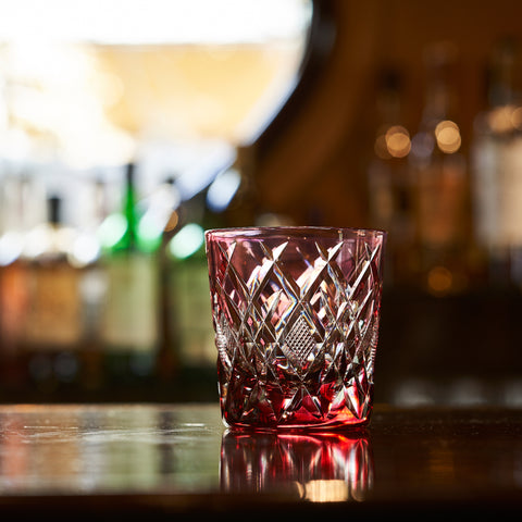 江戸切子 伝統工芸士 木村泰典 作 矢来魚子紋 オールドグラス 金赤