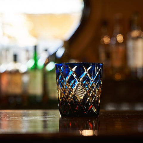 江戸切子 伝統工芸士 木村泰典 作 矢来魚子紋 オールドグラス 琥珀ルリ