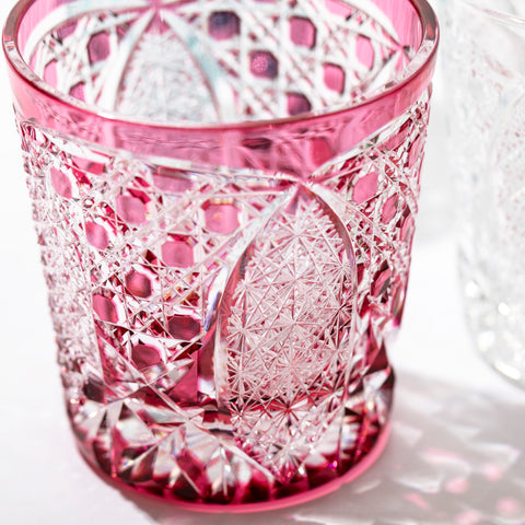 江戸切子 伝統工芸士 木村泰典 作 菊繋ぎに籠目紋 オールドグラス 金赤