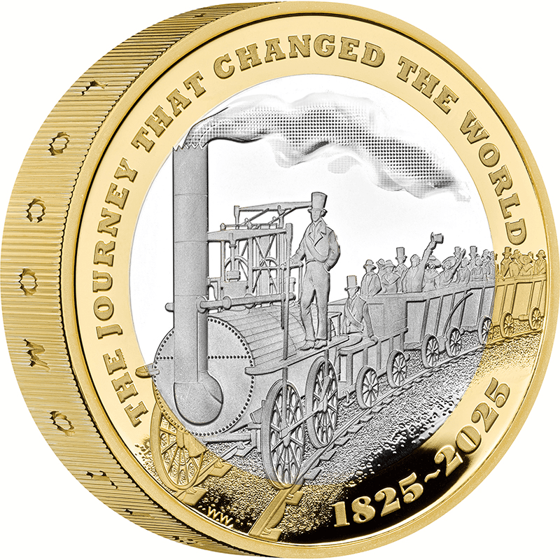 英国 2025年 近代鉄道輸送200周年 2ポンドピエフォー銀貨金メッキ付