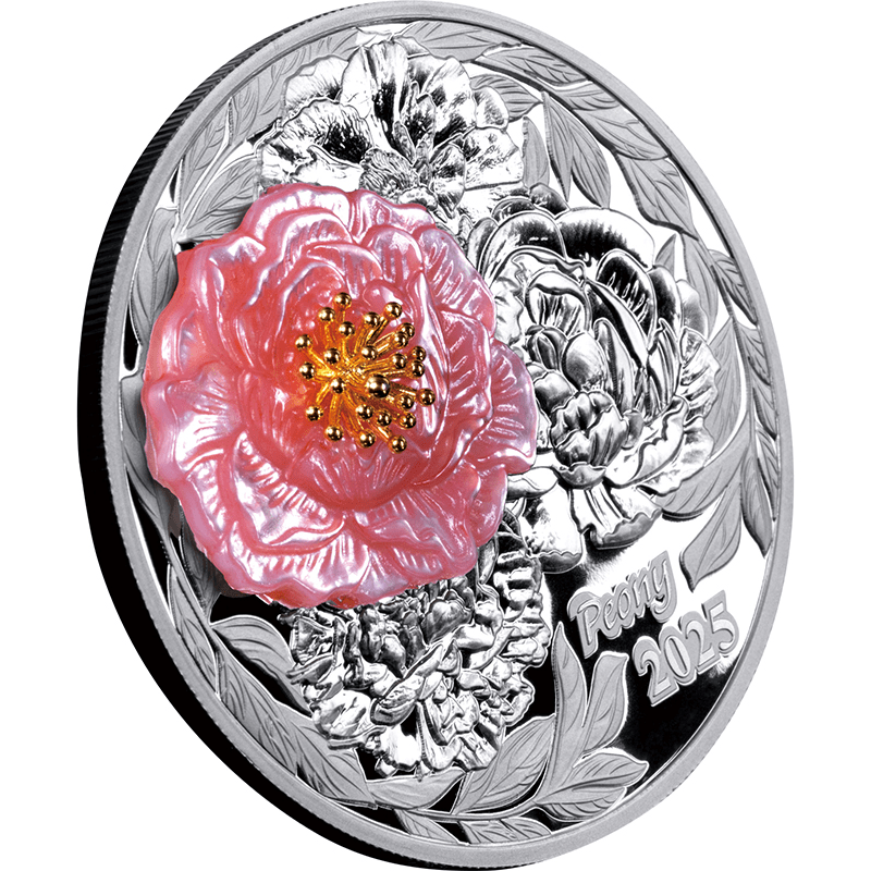 ソロモン諸島 2025年 魅力的なシャクヤクの花 5ドル銀貨天然真珠層・金