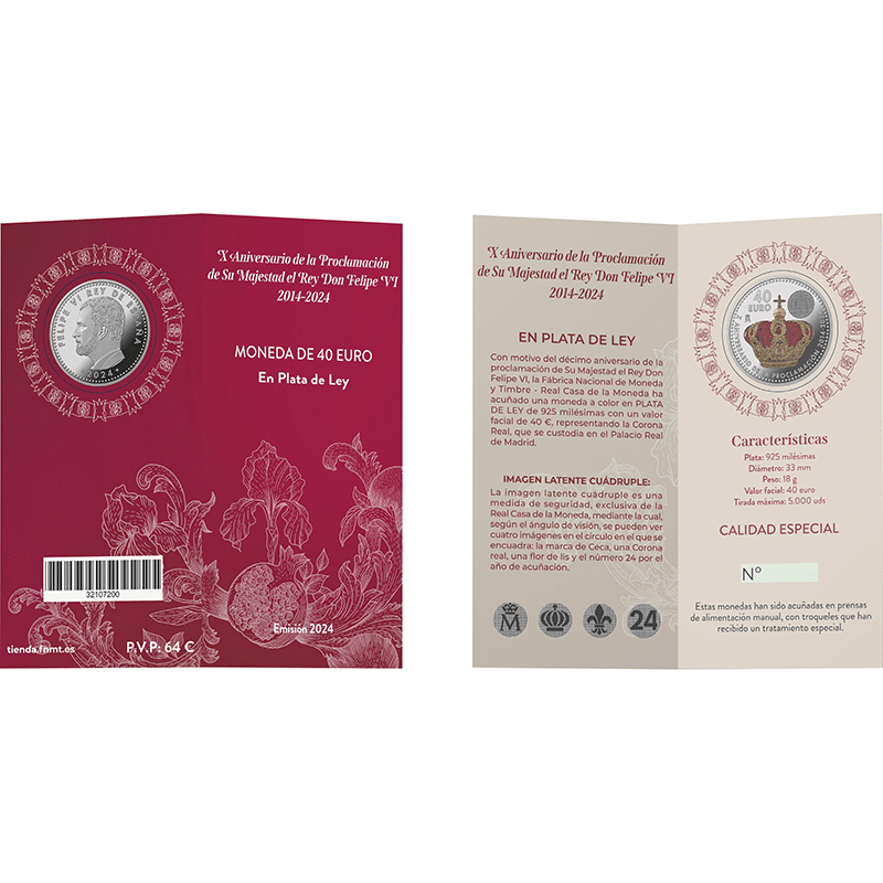 スペイン 2024年 国王フェリペ6世即位10周年 40ユーロカラー銀貨