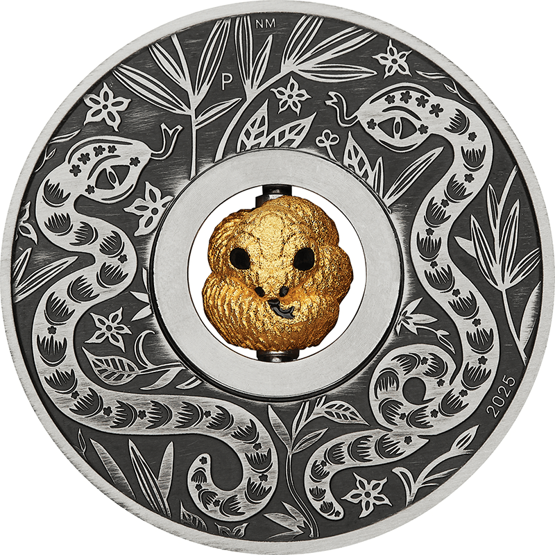 ツバル 2025年 巳年蛇図 1ドル銀貨回転チャーム入 アンティーク仕上げ