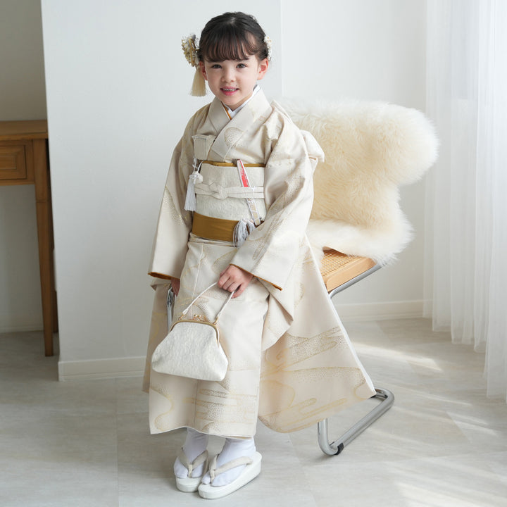 レンタル】七五三着物 7歳女の子 着物セット ベージュ金彩・糸菊
