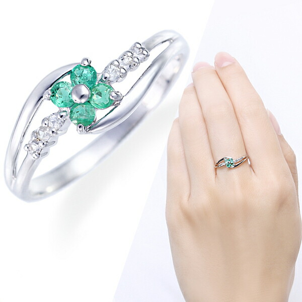 楽天市場】K18WG フラワーモチーフ エメラルド ダイヤモンド リング