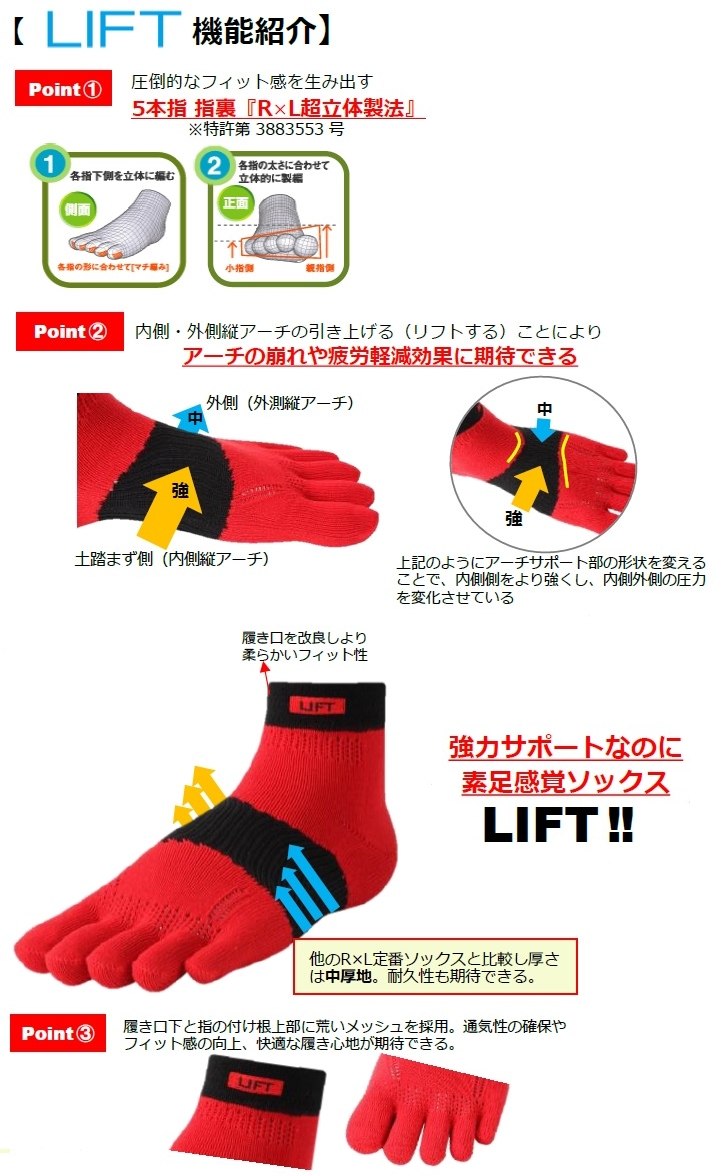 左足＋1足組(1.5足)】LIFT アーチサポート ランニングソックス 靴下