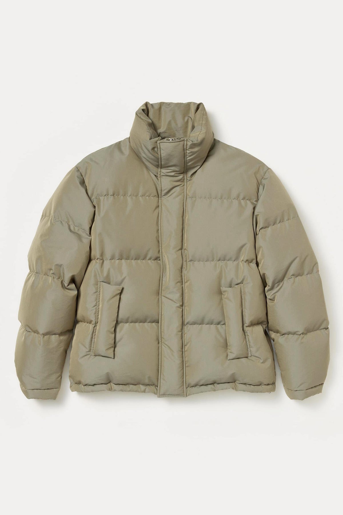 Auralee Finx Polyester Chambray Down Coat | Olive Khaki Chambray