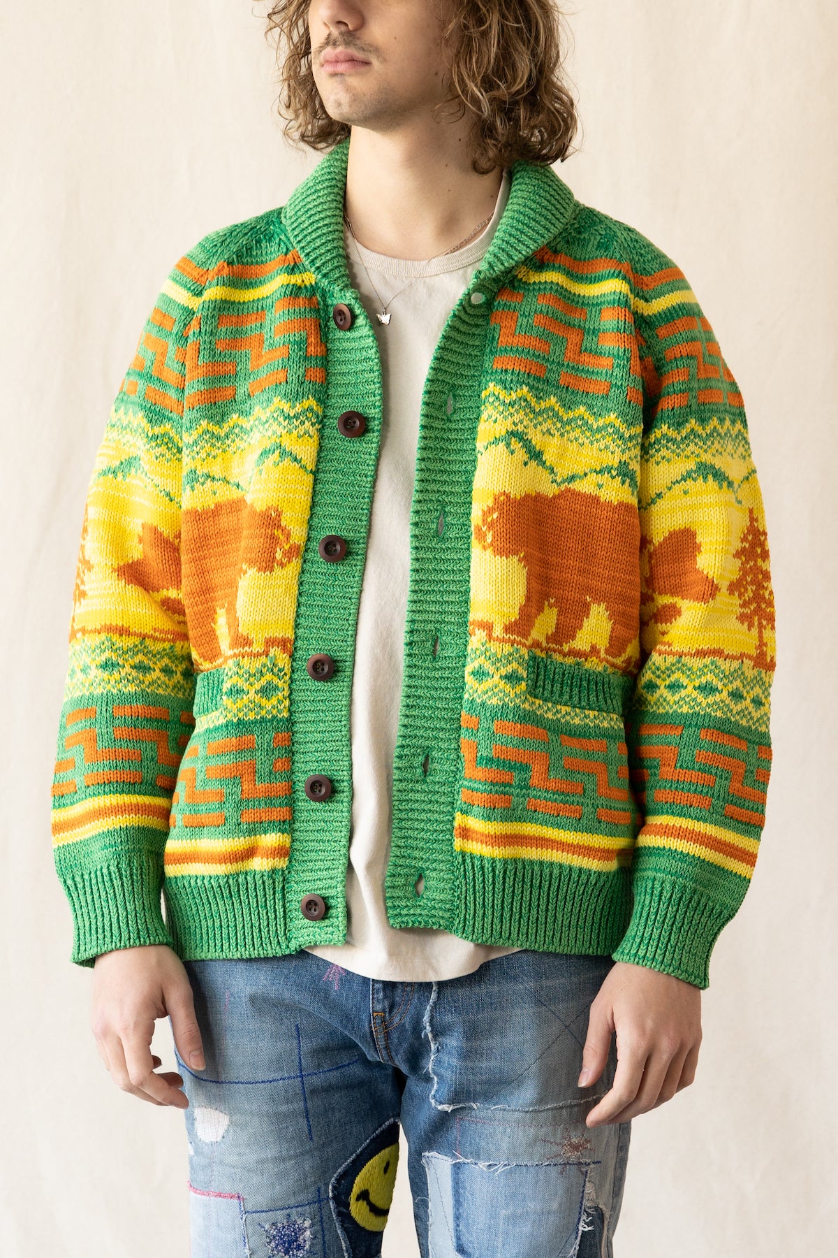 Junya Watanabe Tribal Knit Sweater | Green/Yellow | Canoe Club