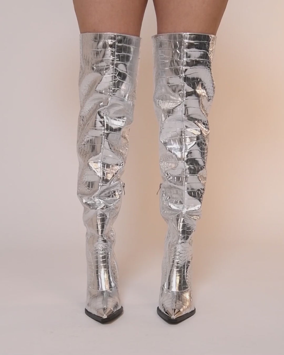 AZALEA WANG SILVER CROC GRISSEL WESTERN BOOT – AKIRA