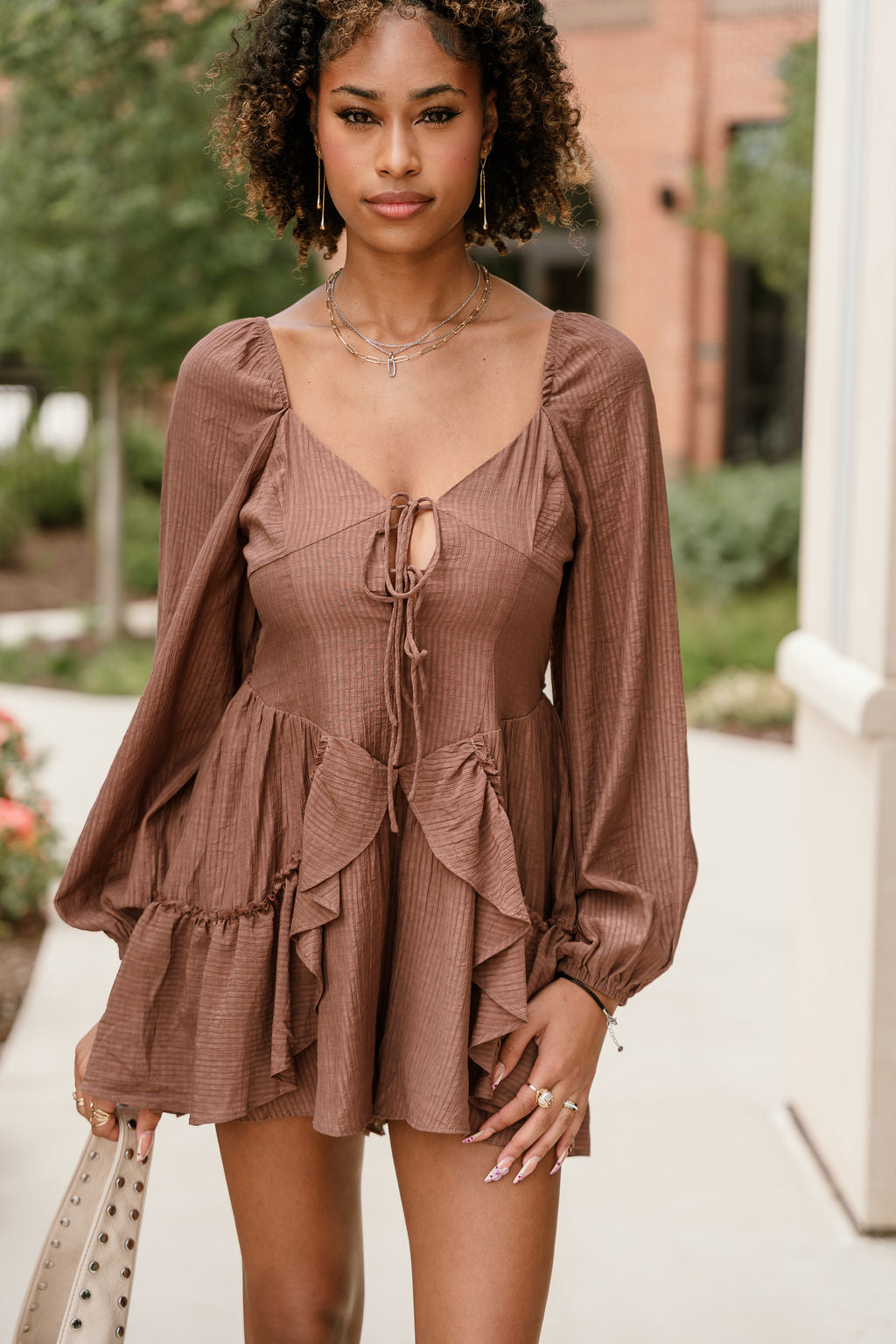Jordan Mocha Brown Long Sleeve Romper - Lizard Thicket