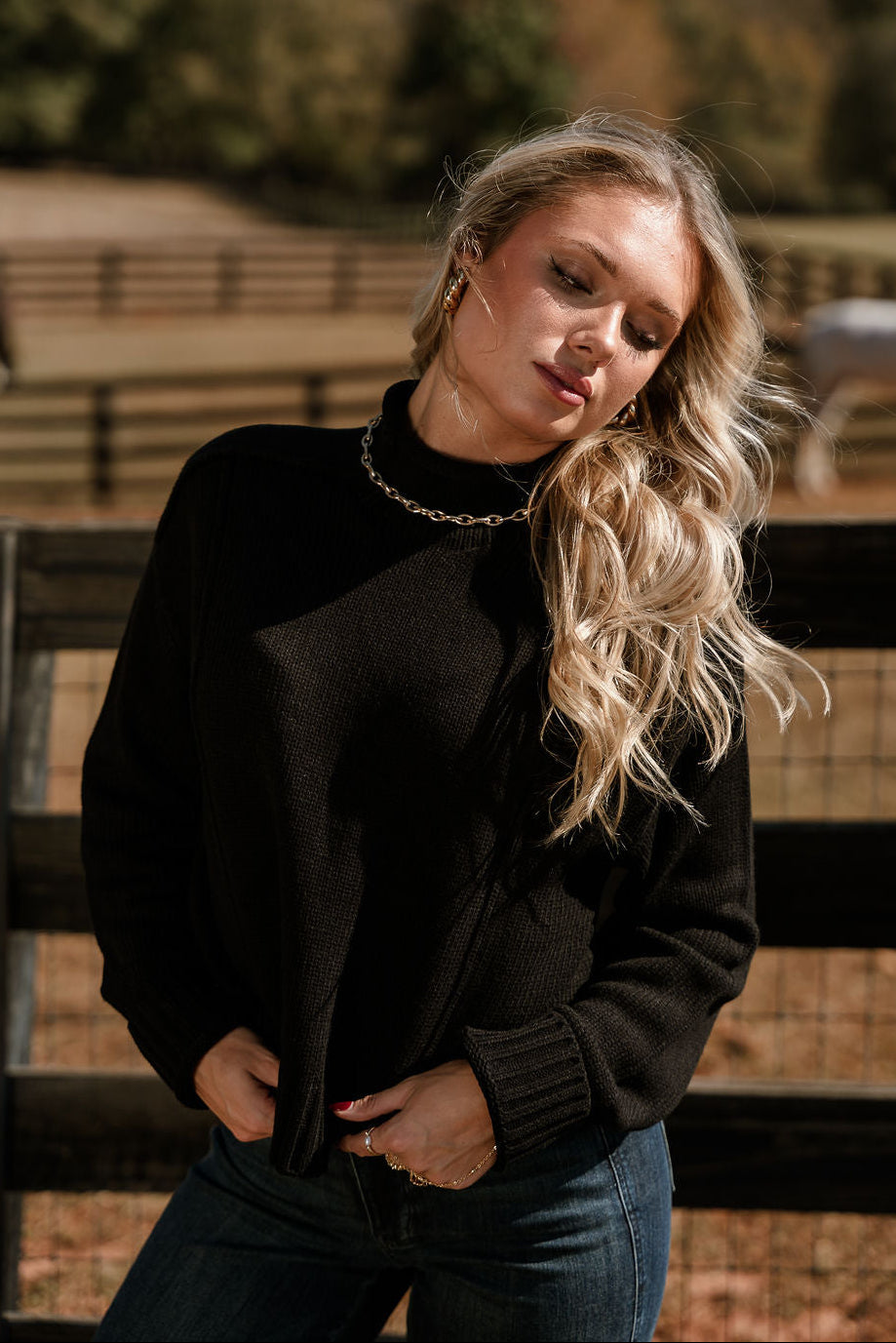 Selah Black Mock Neck Knit Sweater - Lizard Thicket