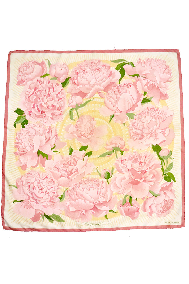 Vintage Hermes Les Pivoines Yellow & Pink Silk Peony Scarf – Modig