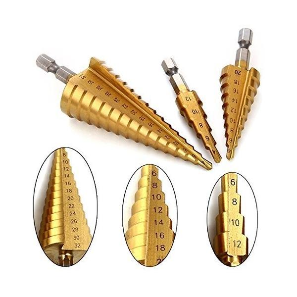 送料無料 ステップドリルセット タケノコドリル 六角軸 DIY工具 チタン