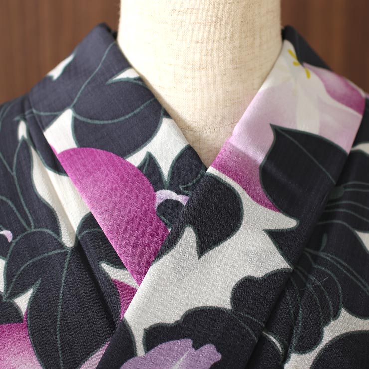 撫松庵 洗える 浴衣 百合 朝顔（濃グレー 105-337-005-86）仕立て