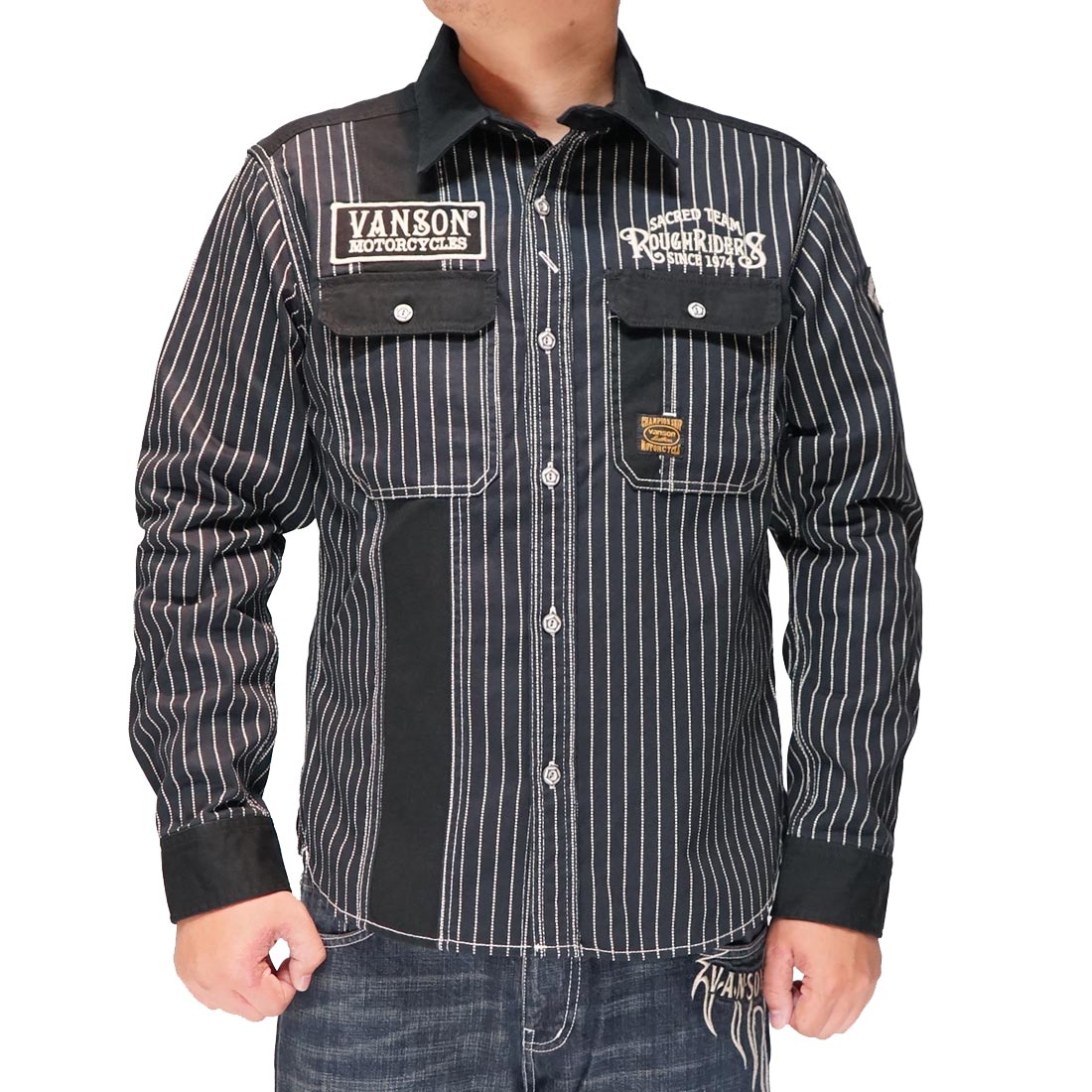 VANSON バンソン 長袖 シャツ デニム 切替 ロゴ刺繍 ワッペン NVSL