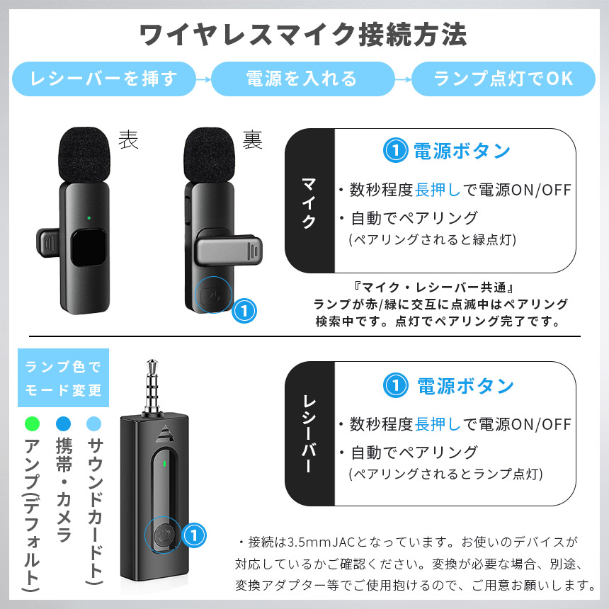 爆買 ワイヤレスマイク ピンマイク 3.5mm端子 AUX 簡単接続 設定不要
