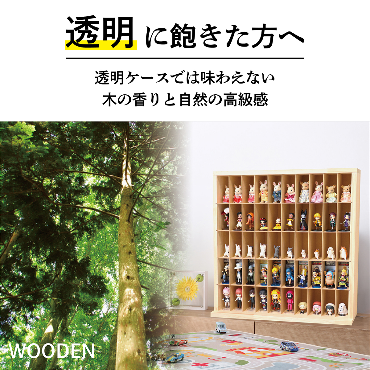 日本製 木製コレクションケース5×10マス 全50マス(スライド扉/壁掛け