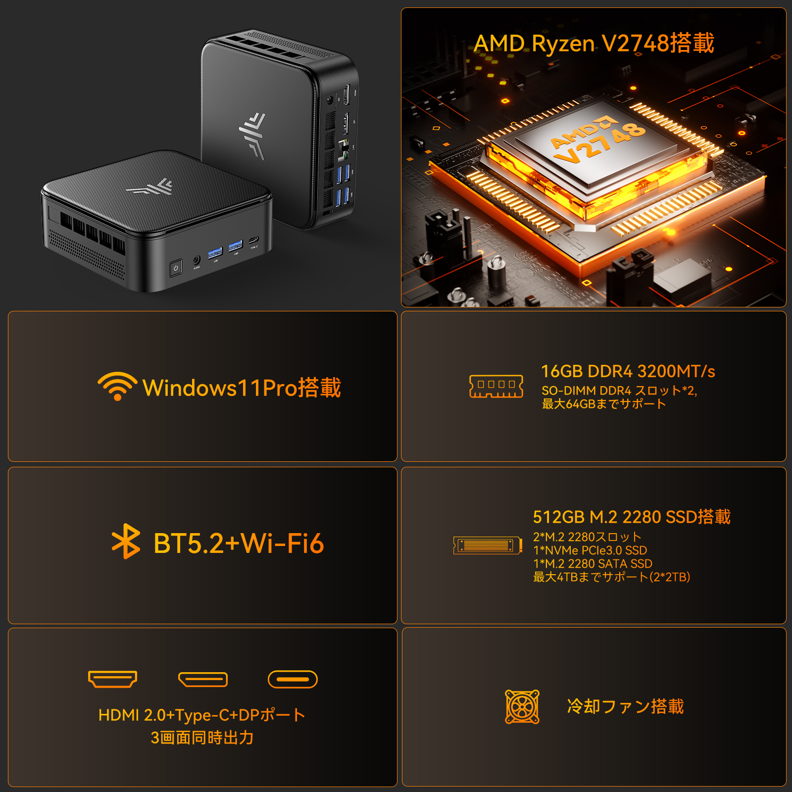 NiPoGi ミニpc 【AMD V2748 Win11Pro 16GB DDR4+512GB】 mini pc SSD
