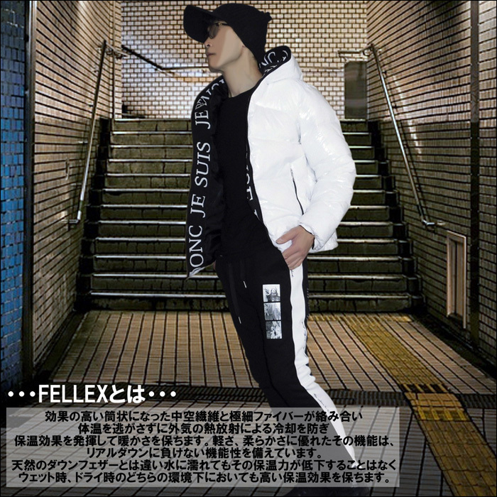 中綿 ダウン風 ジャケット 光沢 ブルゾン パーカー フード ロゴテープ