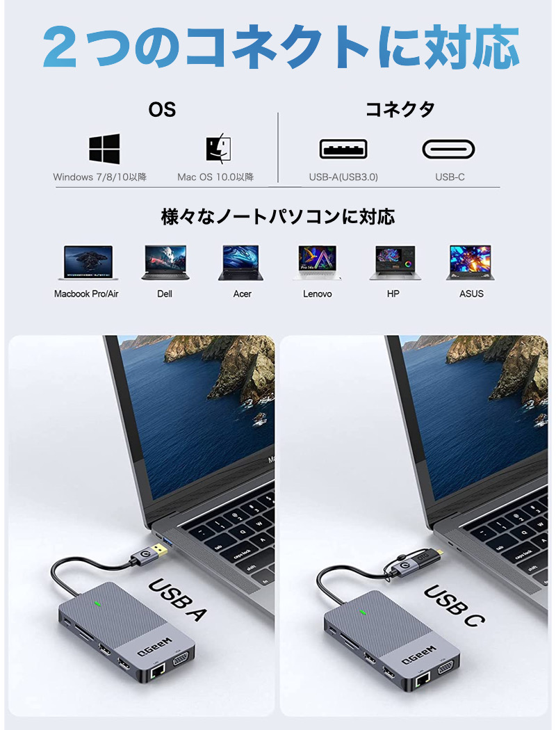 11in1 ドッキングステーション USB3.0 Type-C ハブ HDMI 4K VGA USB-A