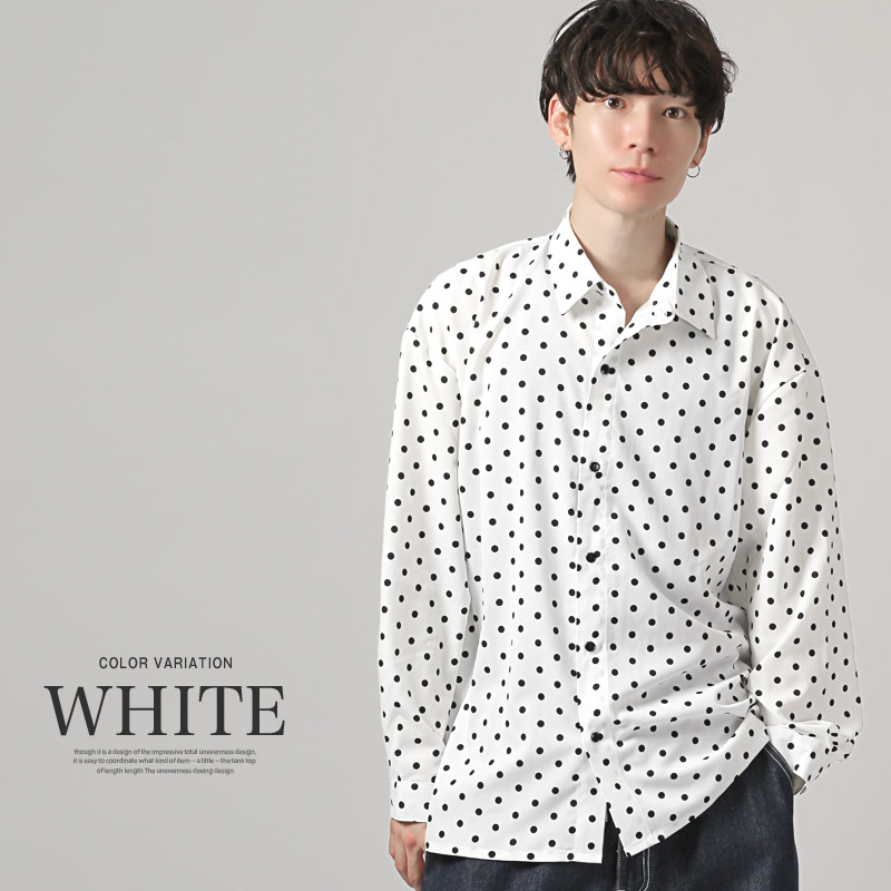 レギュラーカラー ドット柄 シャツ 長袖 メンズ レディース 水玉 白 黒