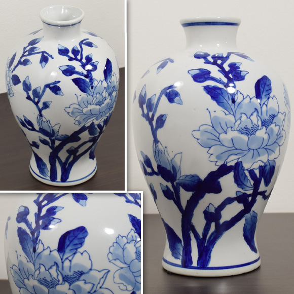 A＆B HOME ブルーホワイトピオニー 青白陶器牡丹柄壷 花瓶 陶器置物
