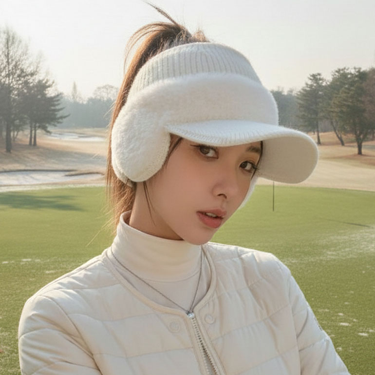 ゴルフ 帽子 秋冬 ニット帽 キャップ 耳当て 裏フリース サンバイザー