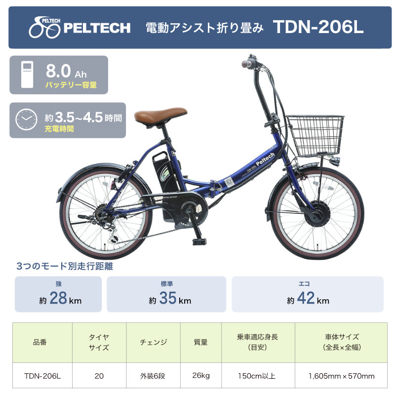 送料無料※一部地域 電動アシスト 折り畳み 自転車 TDN-206L ペルテック