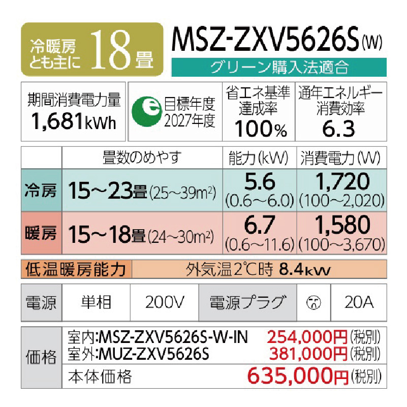 霧ヶ峰 エアコン 18畳用 三菱電機 2026年モデル Zシリーズ ピュア