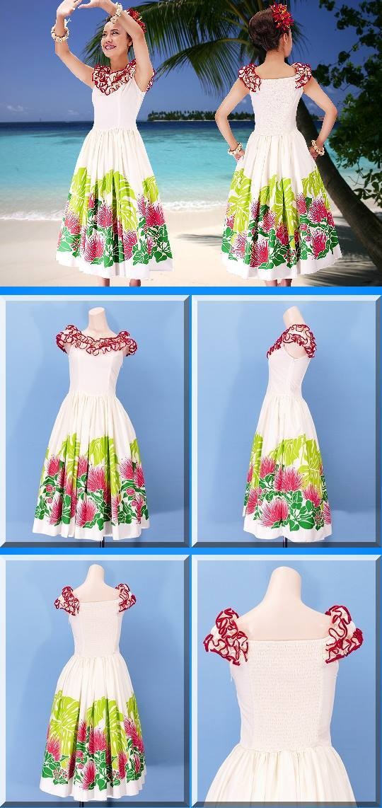 フラダンス ムームー フリル ミディ丈ドレス ホワイト Fサイズ 2197wF