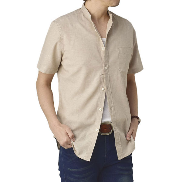 FLAG ON CREW 麻混バンドカラーシャツ メンズ 半袖シャツ リネンシャツ