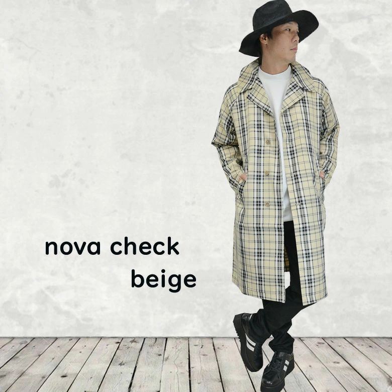 閉店セール】チェック柄ステンカラーコート メンズコート ロング丈 膝