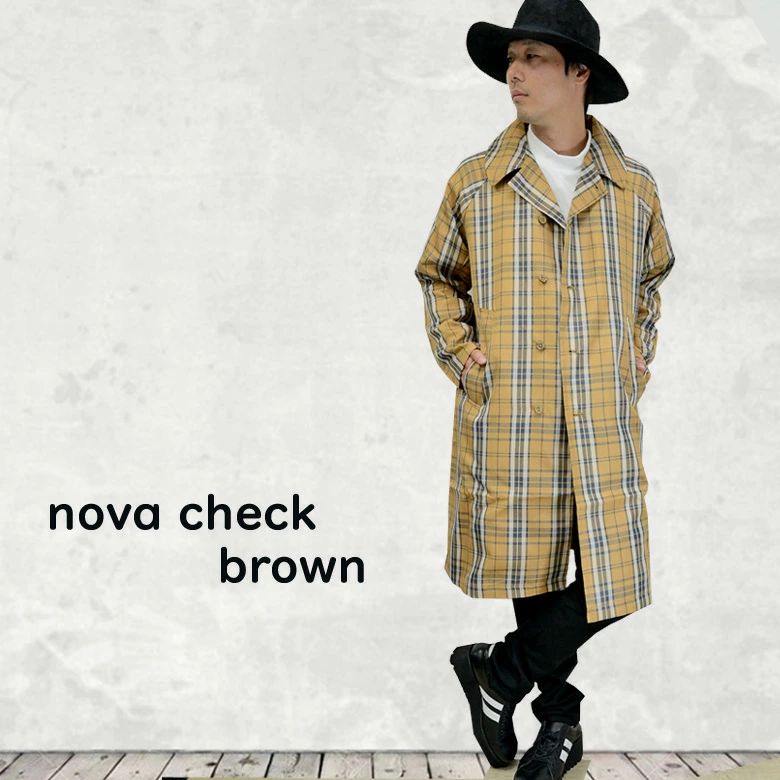 閉店セール】チェック柄ステンカラーコート メンズコート ロング丈 膝