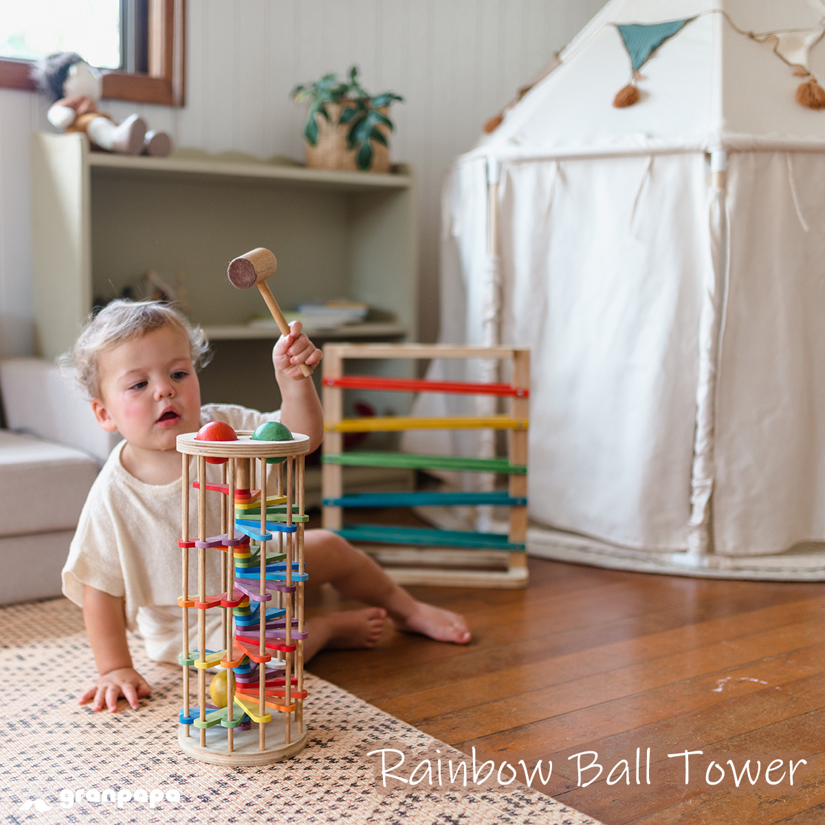 送料無料 インテリア 知育玩具 木製 レインボー・ボールタワー