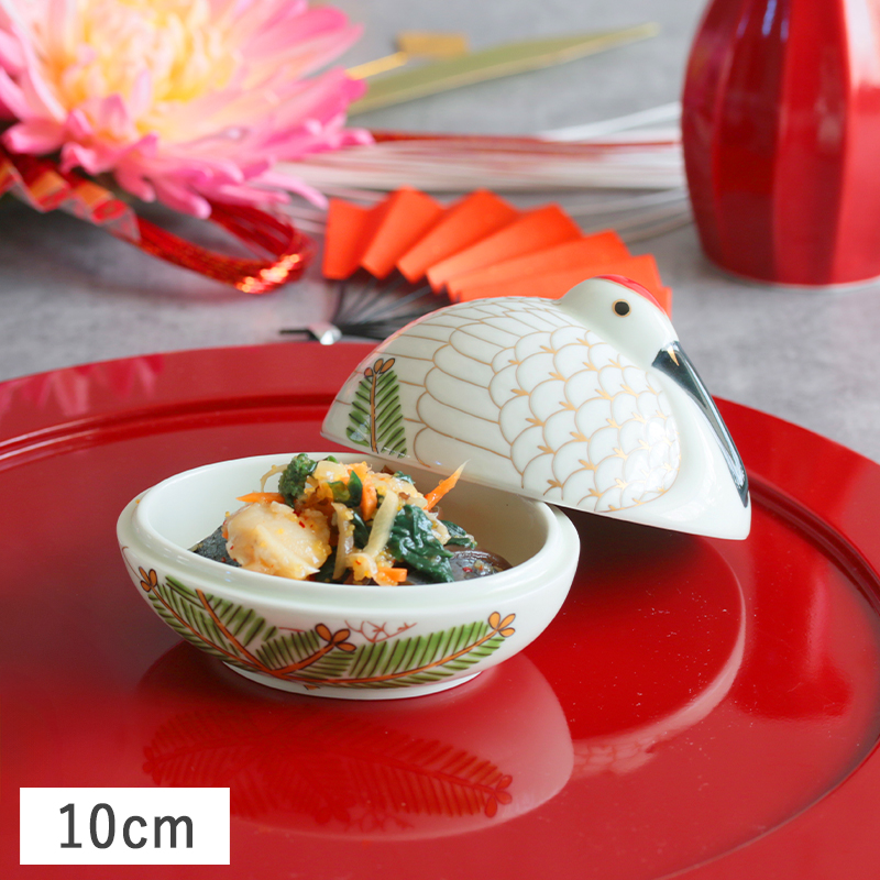 錦 巣ごもり鶴 金彩羽 蓋付き小鉢 (大) 10cm 有田焼 幸楽窯 // 和食器