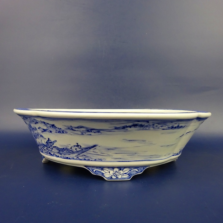 盆栽鉢 月之輪 正泉 小型 長辺 約18cm 木瓜鉢 共布 共箱 青絵 訪友図