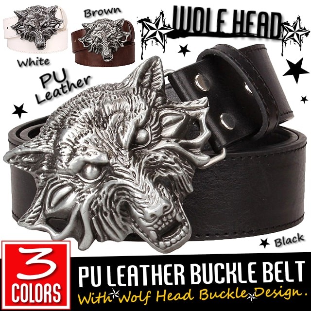 送料無料!】ウルフヘッドメタルバックルPUレザーベルト! メンズ