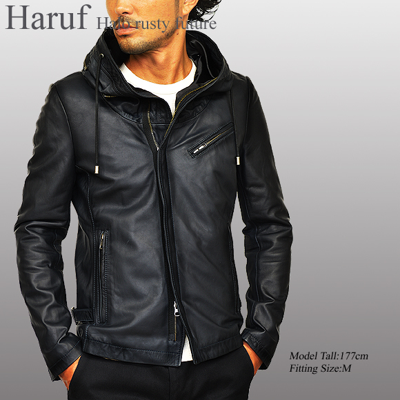 Haruf（ハルフ） レザージャケット メンズ 本革 フード付き 革ジャン