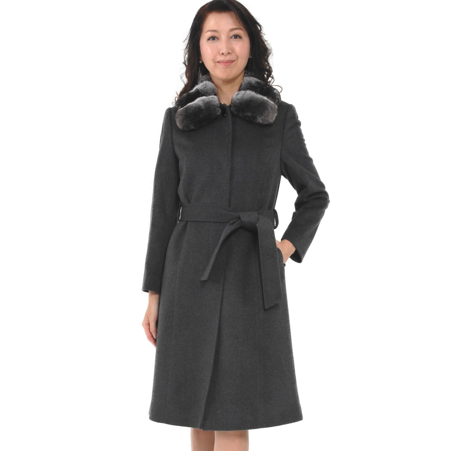 カシミヤコート カシミヤ100% コート チンチラトリム ファー ファー襟