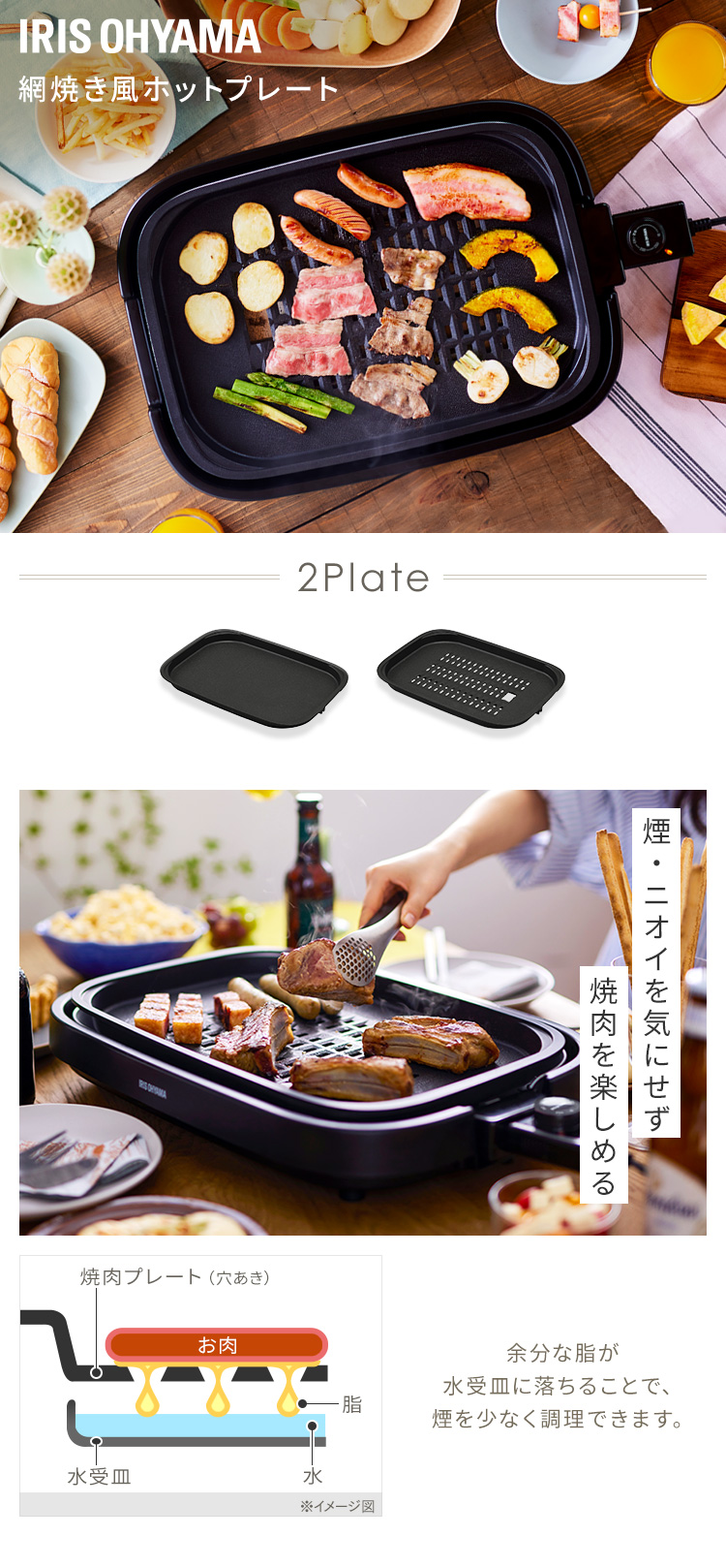 IRIS OHYAMA（アイリスオーヤマ） ホットプレート 大型 焼肉 減煙 煙が