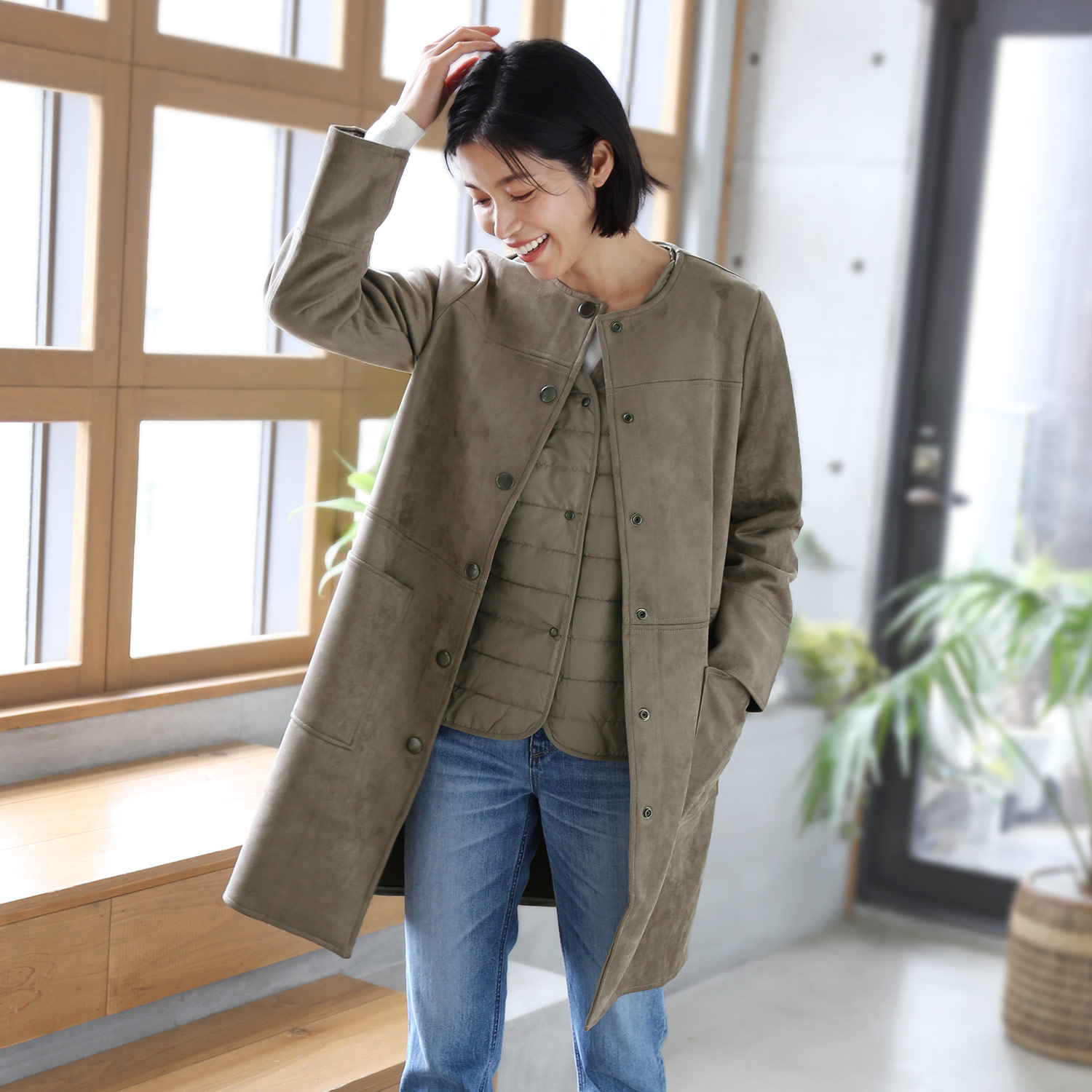 sankyo shokai（三京商会） ノーカラーコート スエードポンチ ライナー