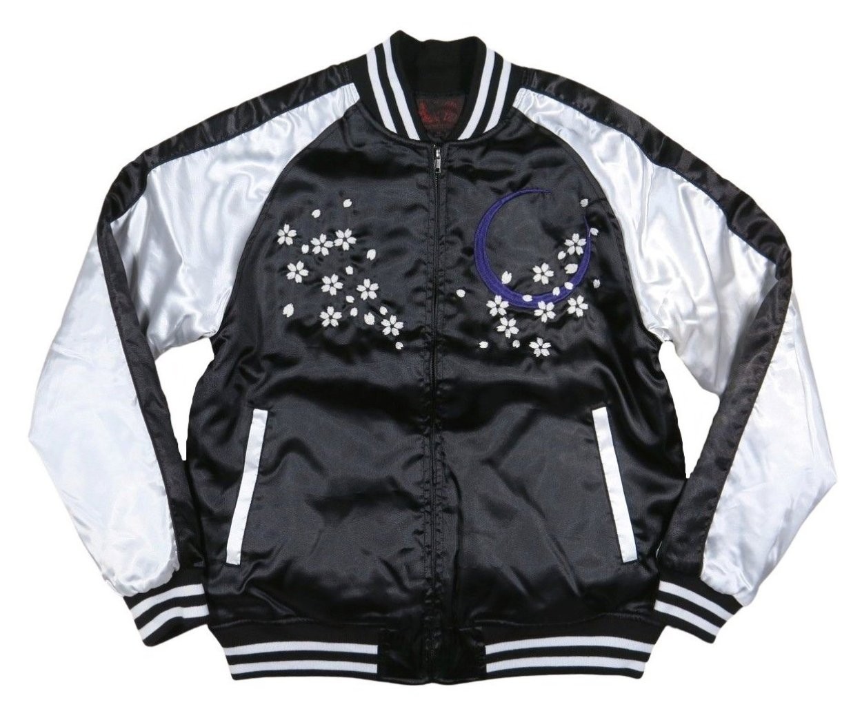 風神雷神 舞桜 総刺繍 サテン地 中綿入り 和柄 スカジャン メンズ