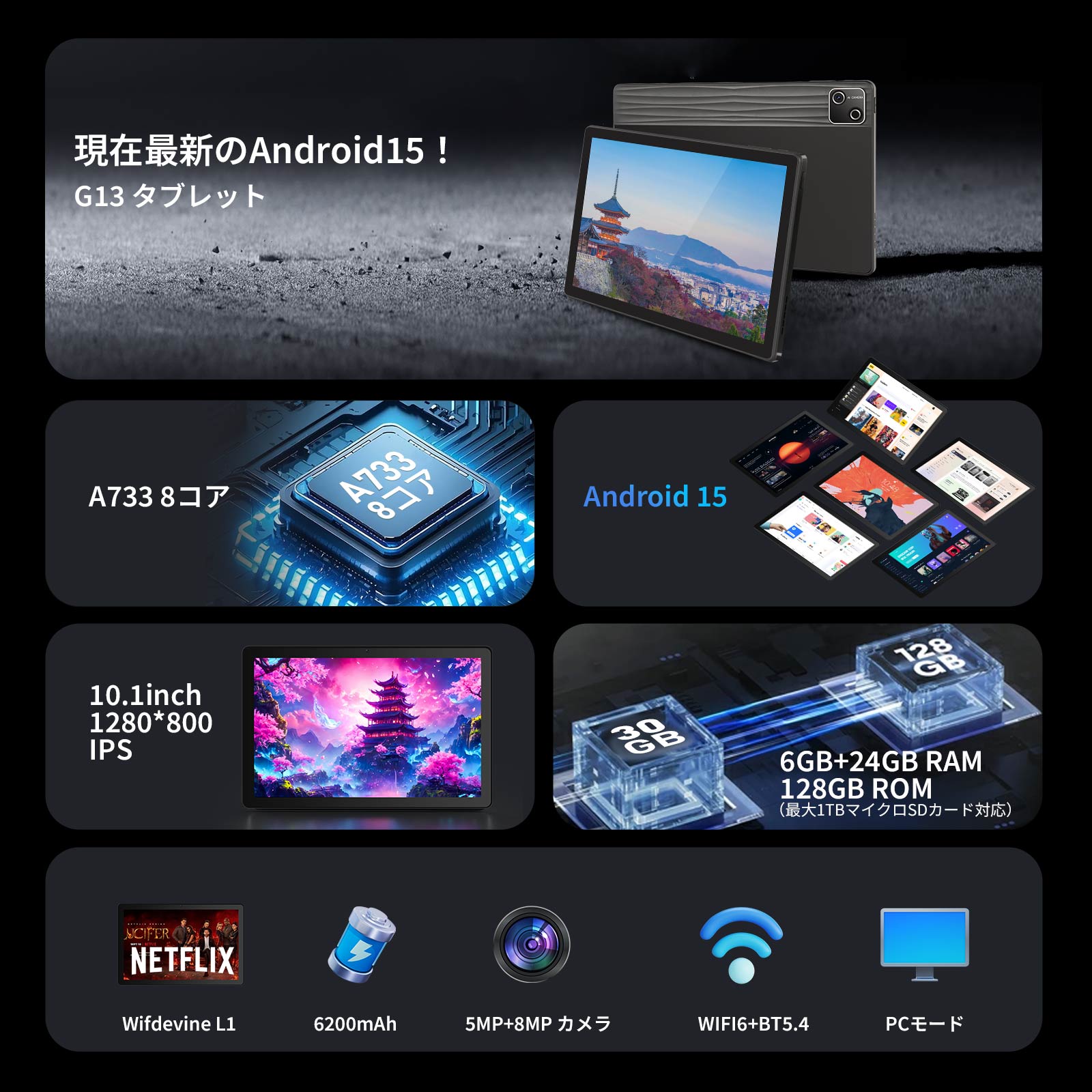 500円off/Android 15 タブレット 10インチ 8コアCPU 30GB+128GB+1TB