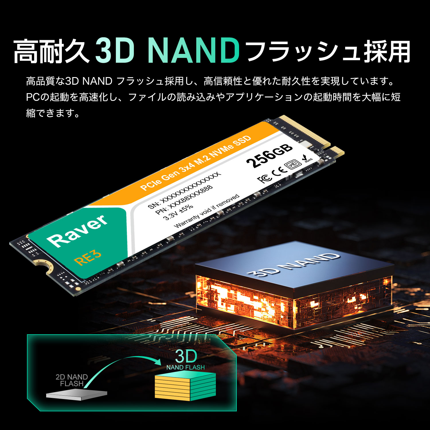 Raver 内蔵型 SSD 256GB PCIe Gen3x4 M.2 NVMe 2280 3300MB/s 3D NAND