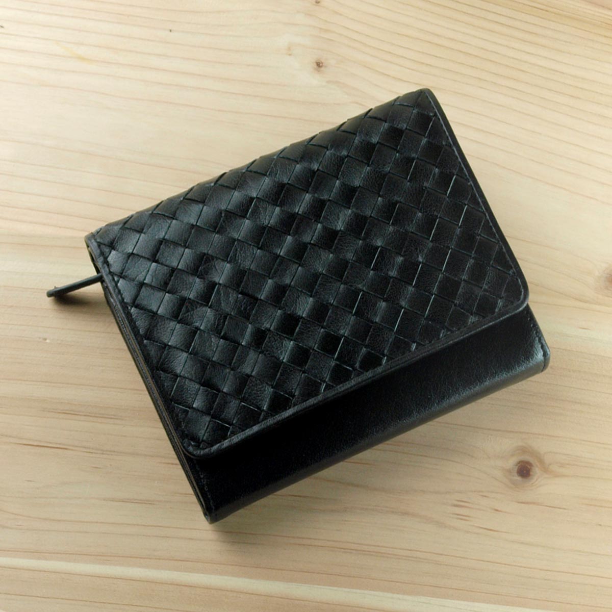 二つ折り財布 編み込み メッシュ 本革 イントレチャート メンズ 折財布