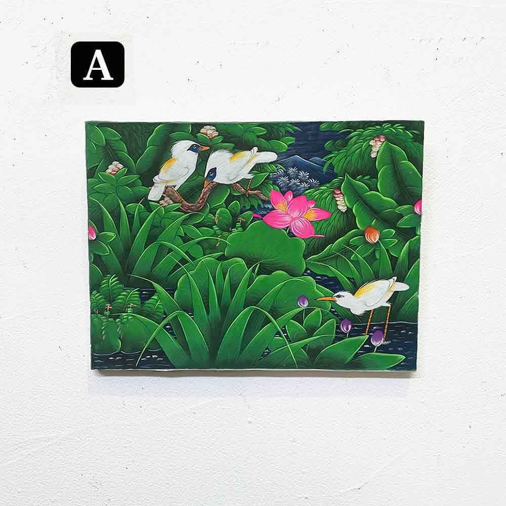 バリ絵画 鳥の絵 3羽 小鳥 白サギ W40×H30cm ブンゴセカン 癒し 花鳥